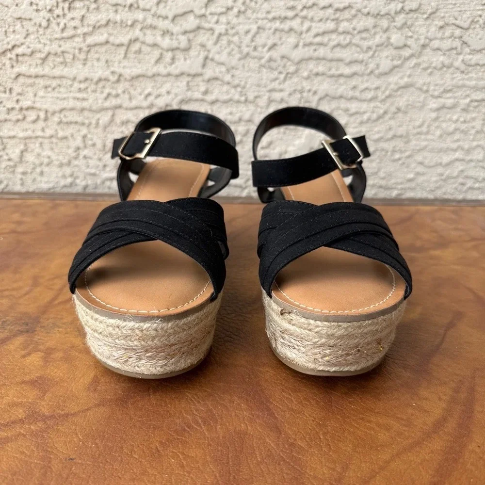 Fergalicious Pounce Black Espadrille Platform Wedge Sandals Womens Size 9M
